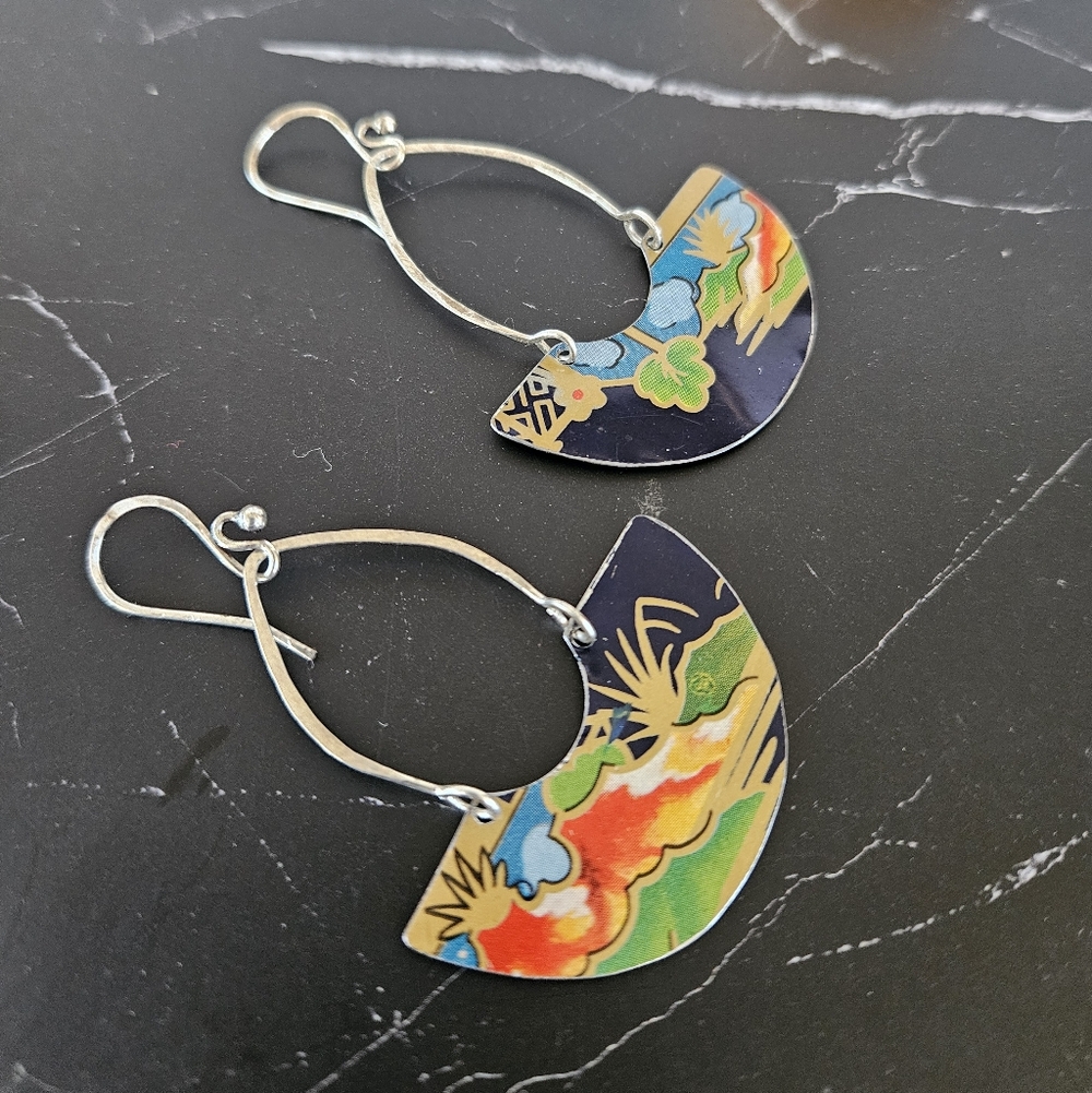Colorful Handcrafted Vintage Floral Tin/sterling Silver Drop Earrings